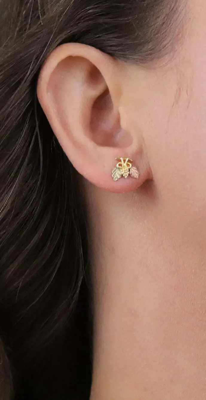 12k Yellow Gold Black Hills Gold Leaf Earrings Stud Post 3/8